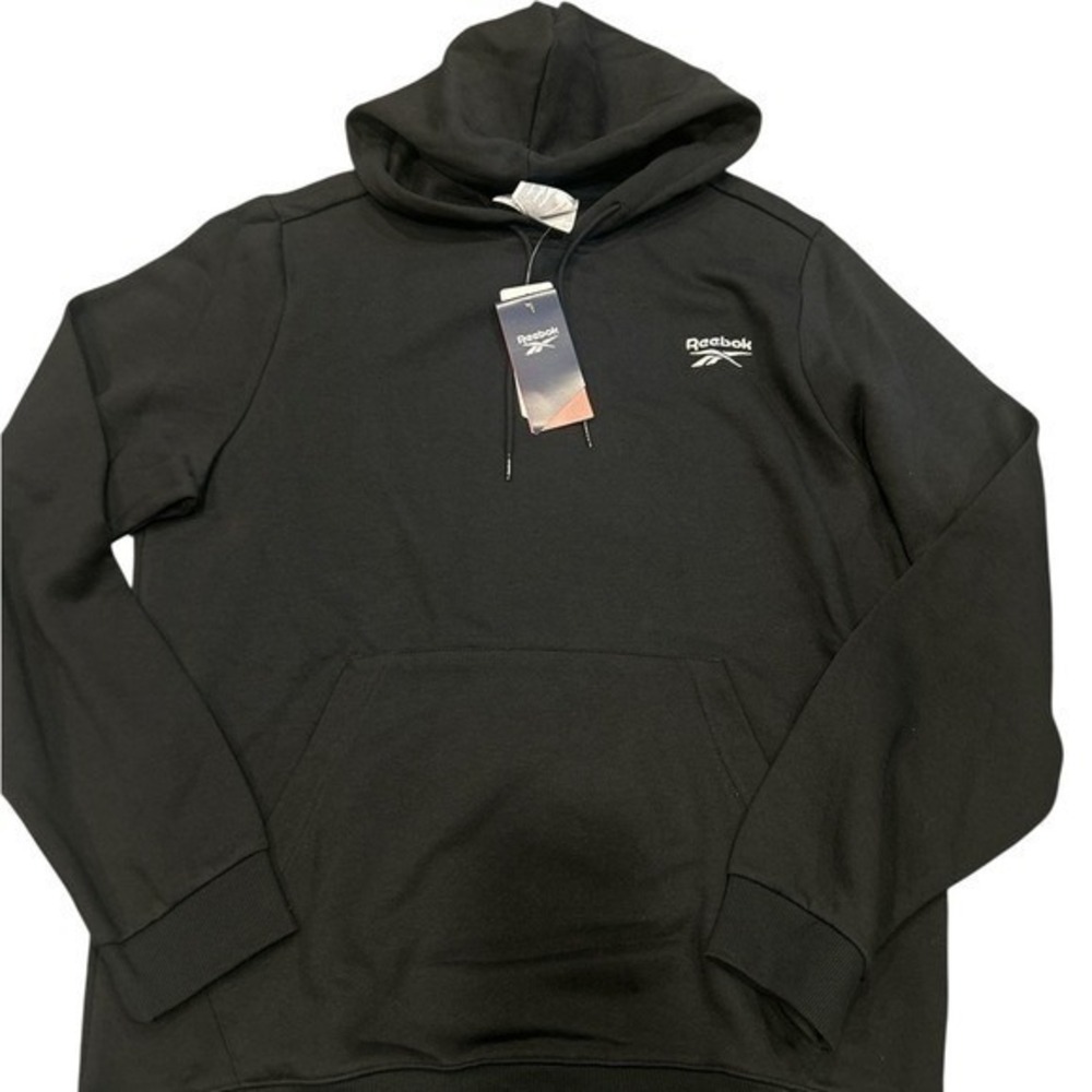 Reebok Mens Identity Small Logo Fleece Hoodie Black Pullover Sweatshirt L NEW
